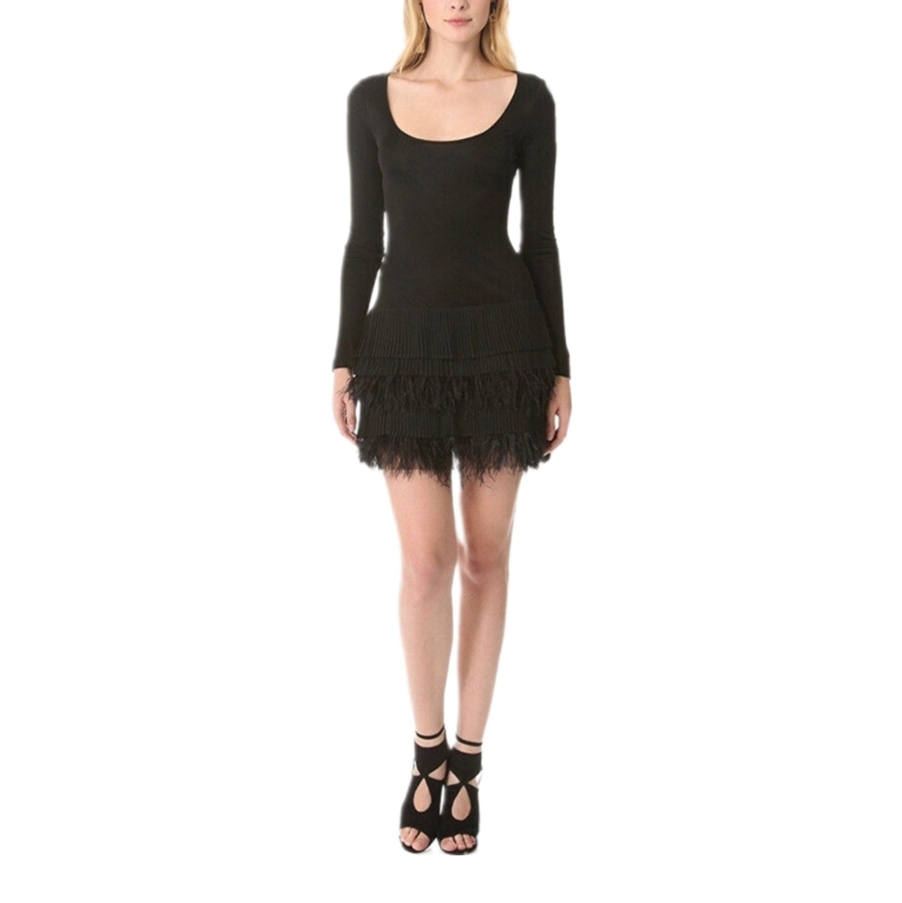 Catherine Malandrino Black Long-Sleeve Fringe Mini Dress